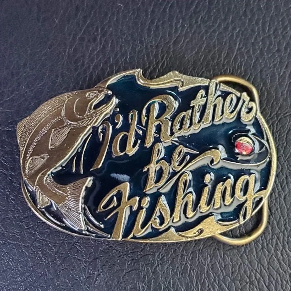 GREAT AMERICAN BUCKLE CO Belt Buckle Vintage 1985 I'd Rather Be Fishing Brass